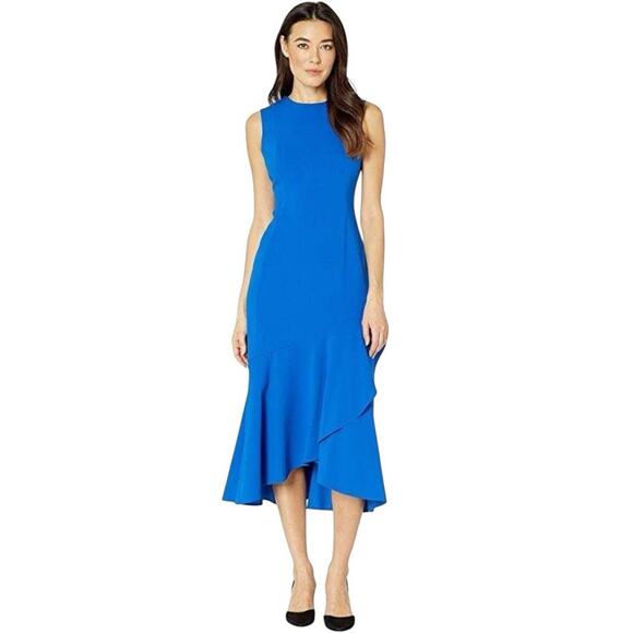 NWT Calvin Klein Midi Sheath Dress Size 4 Royal Blue Ruffle Hem Stretch Cocktail - Picture 1 of 16
